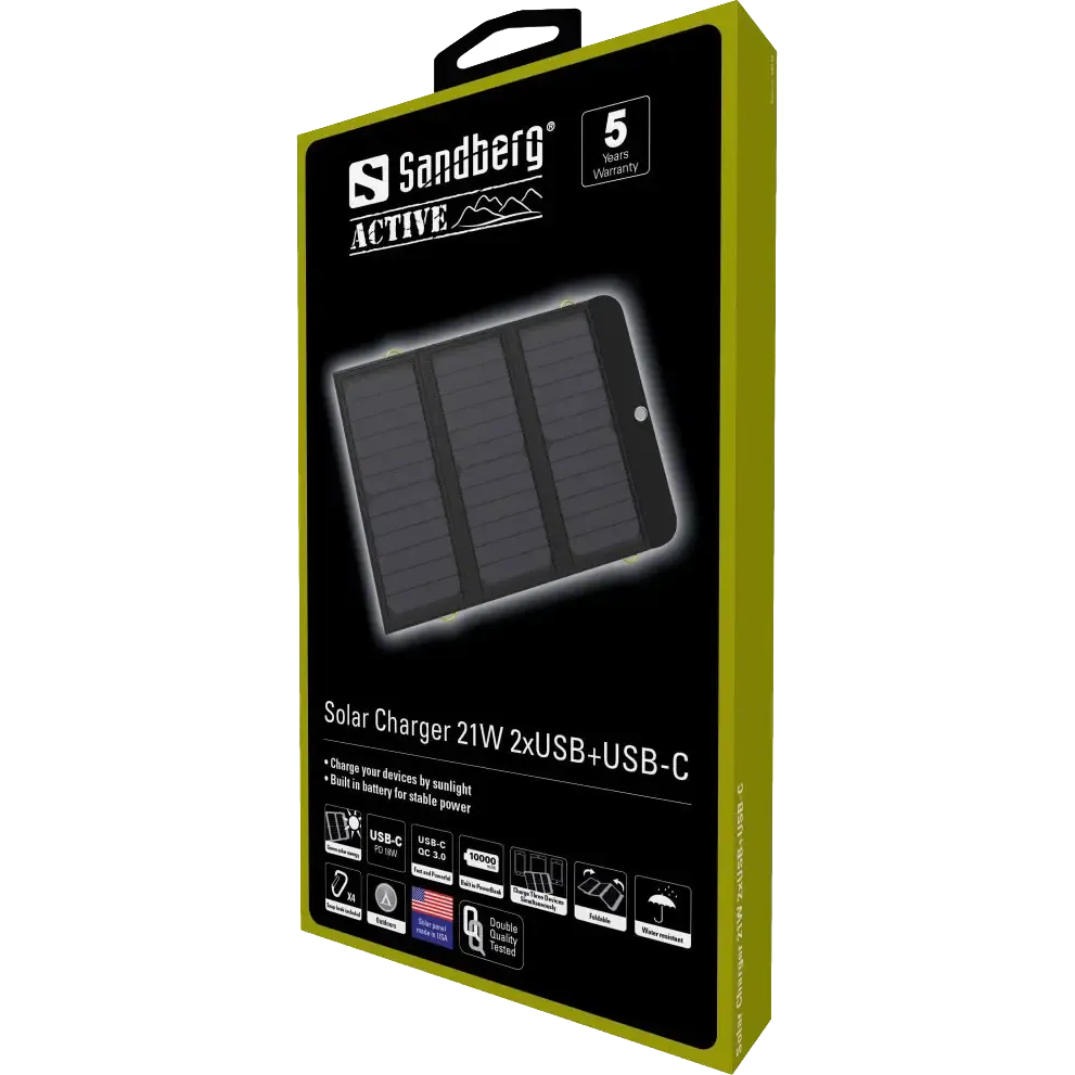 Sandberg Solar Charger 21W 2xUSB+USB-C solpanel/powerbank