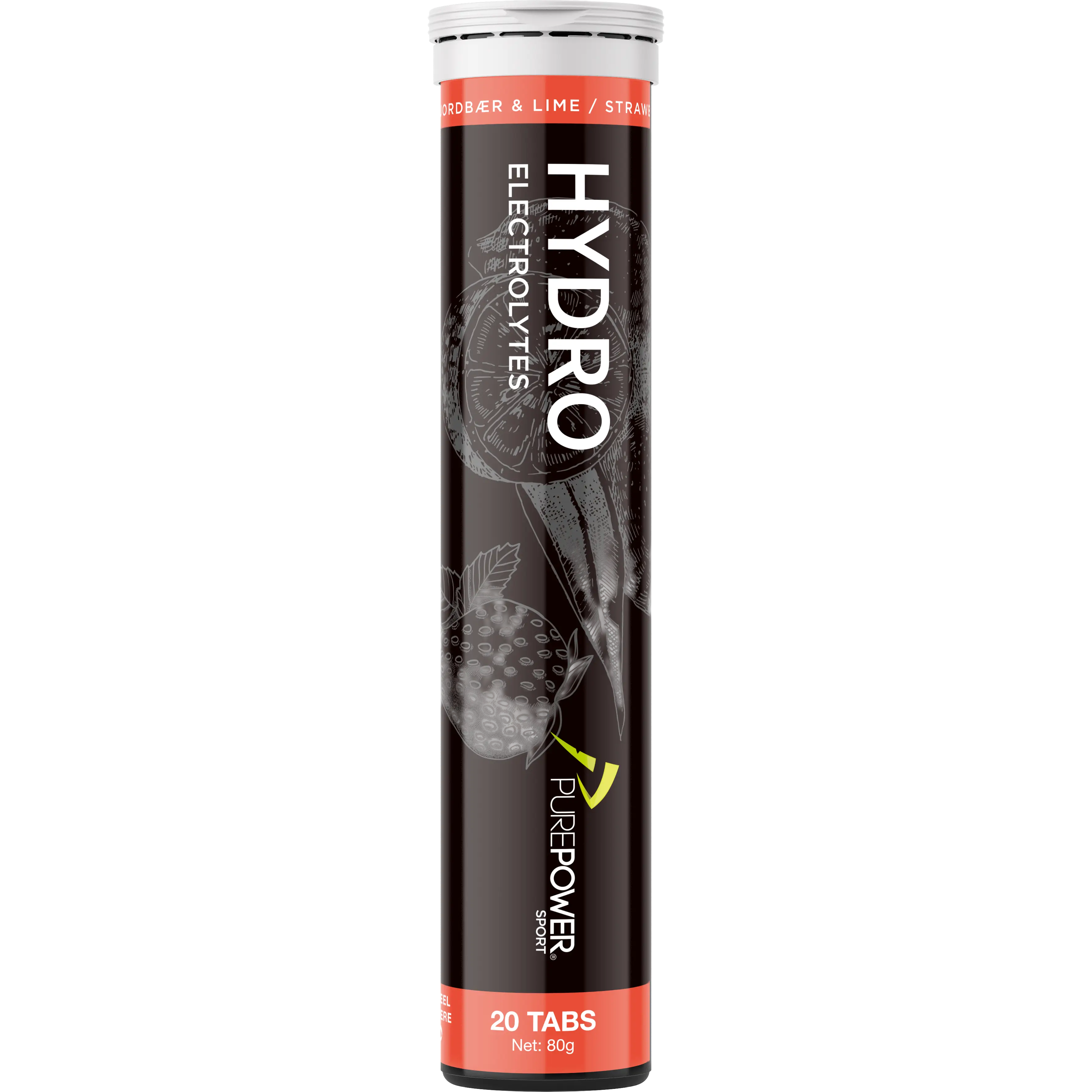 PurePower Hydro Jordbær & Lime brusetabletter 20 stk. - Hvid;Rød;Sort - One size - Mad og drikke