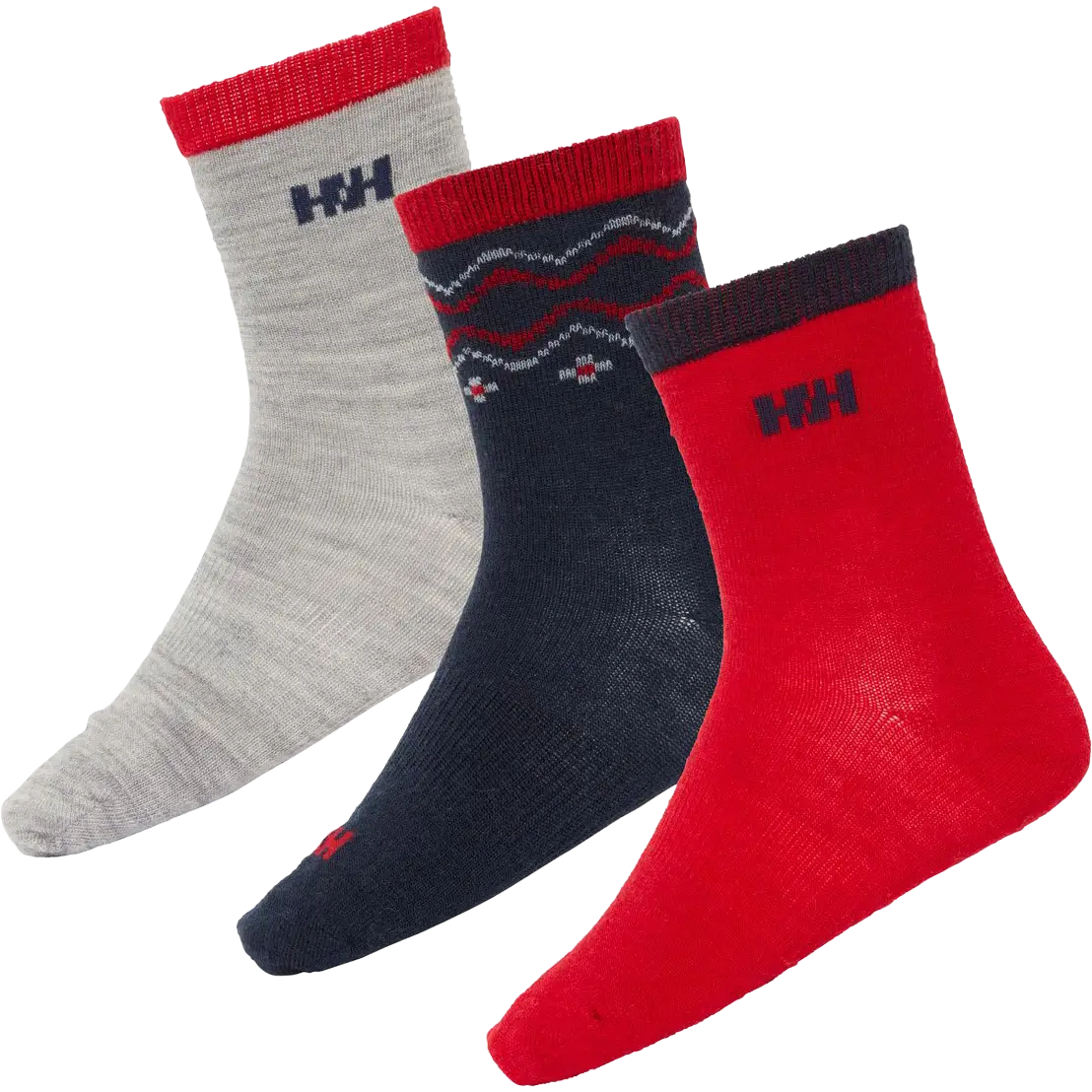 Helly Hansen Wool Sock Kids 3-pak børnesokker - GreyMel/Navy/Red - 26-28 - Hverdagssokker til børn