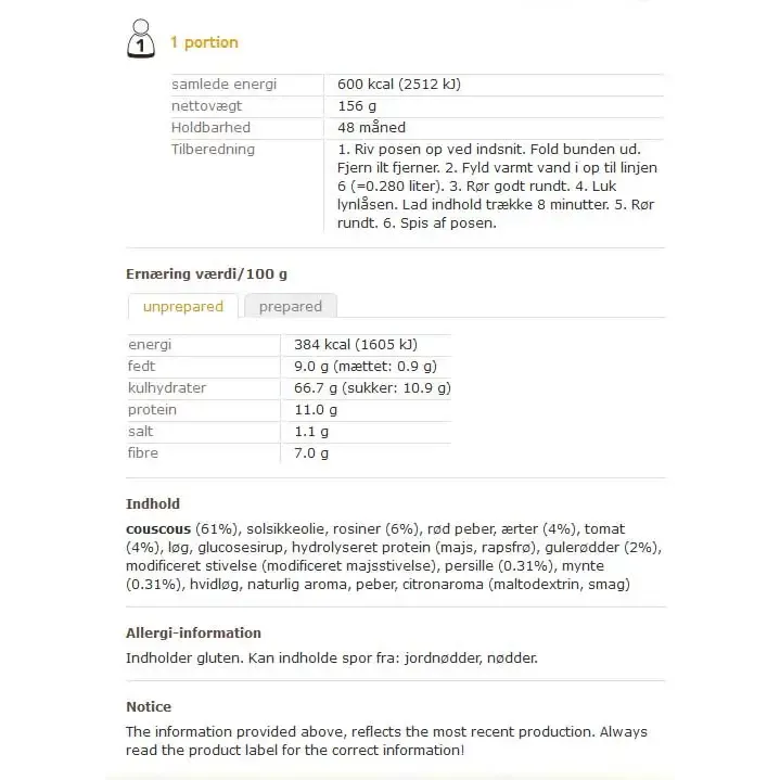 Veggie Cous Cous vegetarisk 1 pers. måltid